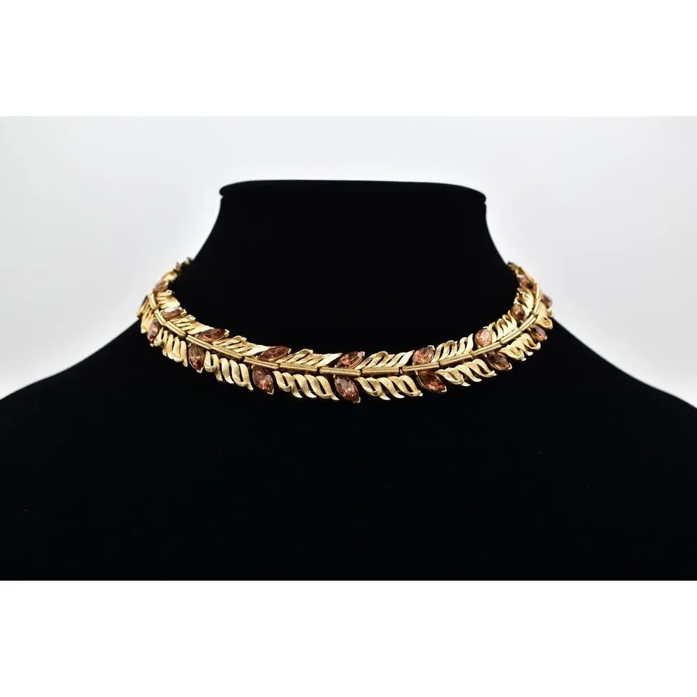 Lisner Vintage Choker Collar Necklace Crystal Brushed Gold Chunky Signed BinBJ